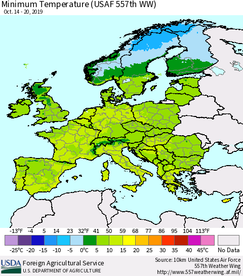 Europe Mean Minimum Temperature (USAF 557th WW) Thematic Map For 10/14/2019 - 10/20/2019