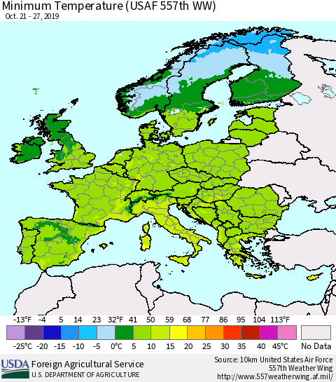 Europe Mean Minimum Temperature (USAF 557th WW) Thematic Map For 10/21/2019 - 10/27/2019