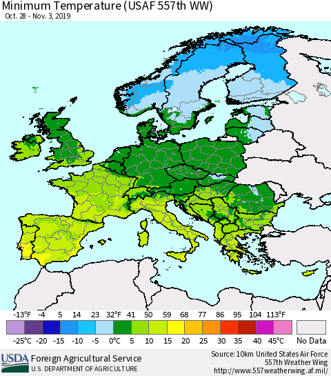 Europe Mean Minimum Temperature (USAF 557th WW) Thematic Map For 10/28/2019 - 11/3/2019
