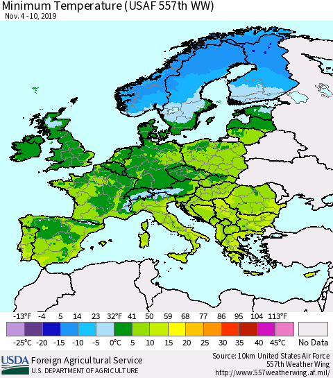Europe Mean Minimum Temperature (USAF 557th WW) Thematic Map For 11/4/2019 - 11/10/2019