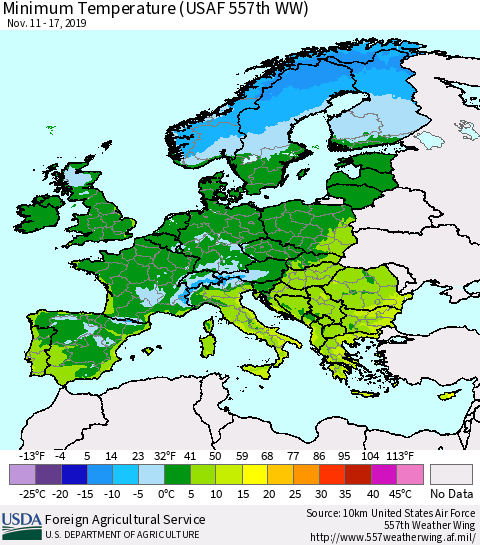 Europe Mean Minimum Temperature (USAF 557th WW) Thematic Map For 11/11/2019 - 11/17/2019
