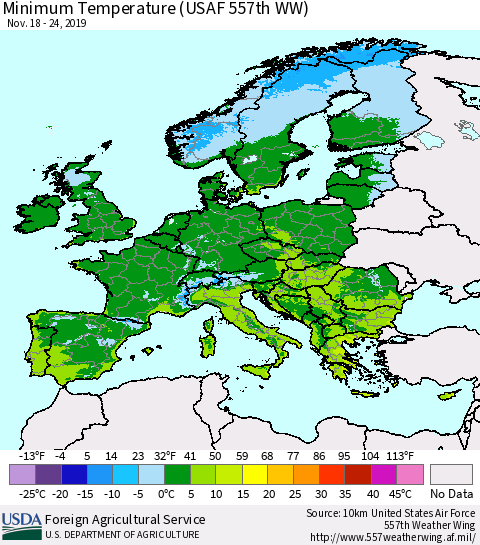 Europe Mean Minimum Temperature (USAF 557th WW) Thematic Map For 11/18/2019 - 11/24/2019