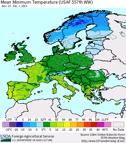 Europe Mean Minimum Temperature (USAF 557th WW) Thematic Map For 11/25/2019 - 12/1/2019