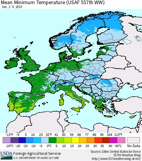 Europe Mean Minimum Temperature (USAF 557th WW) Thematic Map For 12/2/2019 - 12/8/2019