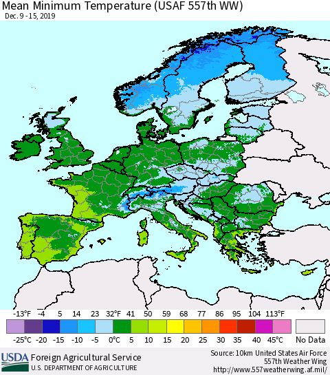 Europe Mean Minimum Temperature (USAF 557th WW) Thematic Map For 12/9/2019 - 12/15/2019