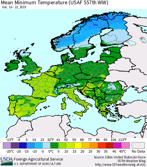 Europe Mean Minimum Temperature (USAF 557th WW) Thematic Map For 12/16/2019 - 12/22/2019
