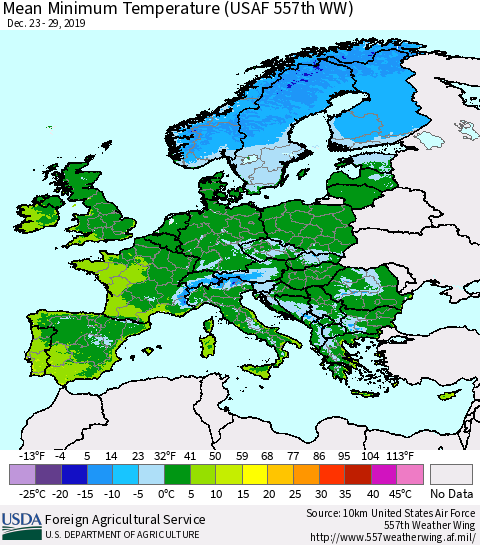 Europe Mean Minimum Temperature (USAF 557th WW) Thematic Map For 12/23/2019 - 12/29/2019