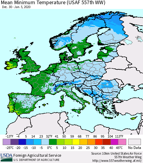Europe Mean Minimum Temperature (USAF 557th WW) Thematic Map For 12/30/2019 - 1/5/2020