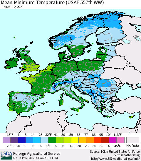 Europe Mean Minimum Temperature (USAF 557th WW) Thematic Map For 1/6/2020 - 1/12/2020
