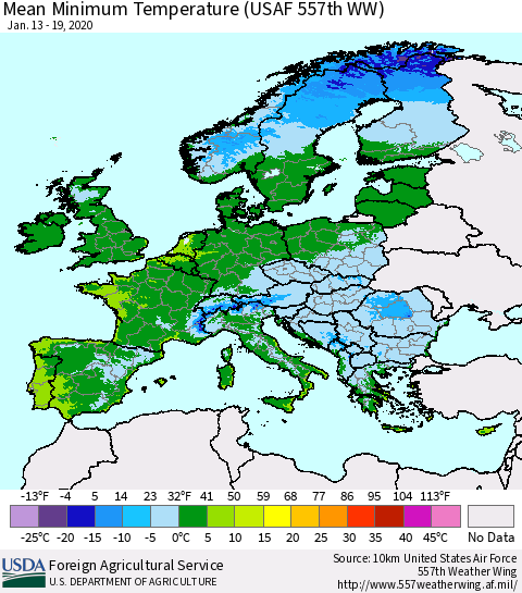 Europe Mean Minimum Temperature (USAF 557th WW) Thematic Map For 1/13/2020 - 1/19/2020