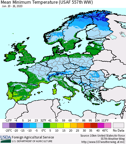 Europe Mean Minimum Temperature (USAF 557th WW) Thematic Map For 1/20/2020 - 1/26/2020