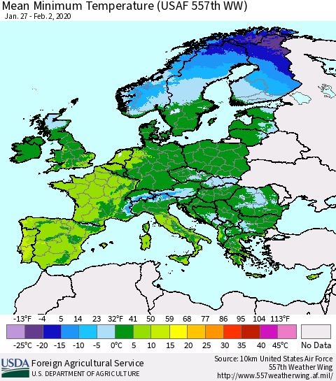 Europe Mean Minimum Temperature (USAF 557th WW) Thematic Map For 1/27/2020 - 2/2/2020