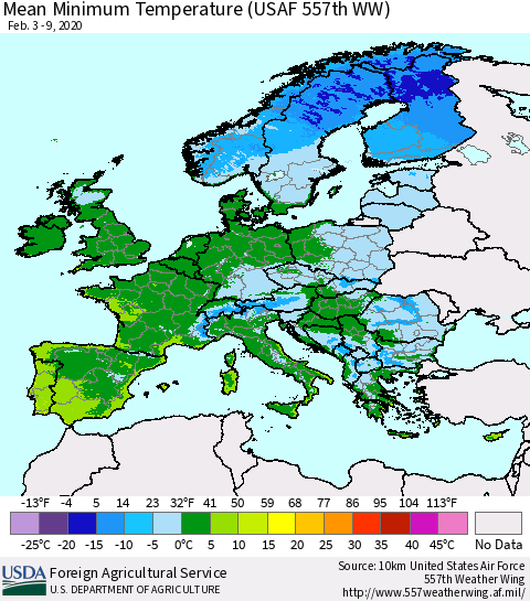 Europe Mean Minimum Temperature (USAF 557th WW) Thematic Map For 2/3/2020 - 2/9/2020