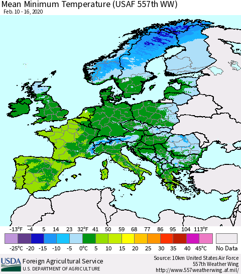 Europe Mean Minimum Temperature (USAF 557th WW) Thematic Map For 2/10/2020 - 2/16/2020
