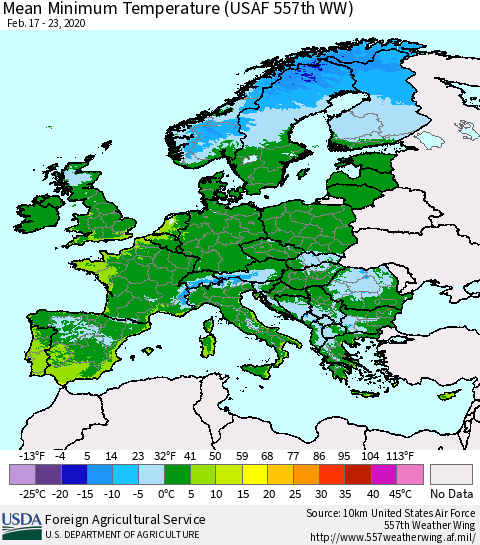 Europe Mean Minimum Temperature (USAF 557th WW) Thematic Map For 2/17/2020 - 2/23/2020