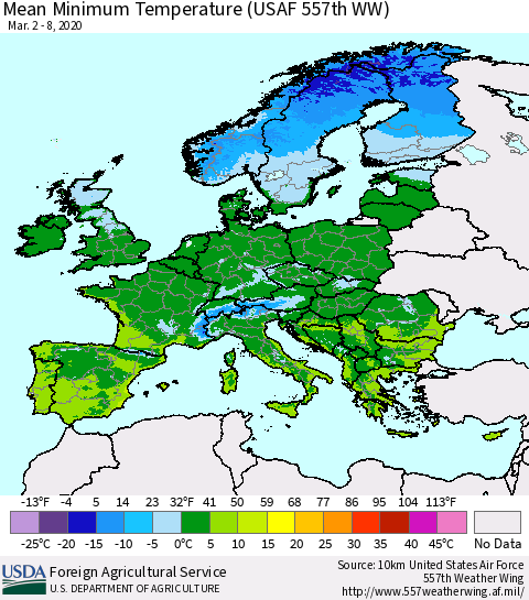 Europe Mean Minimum Temperature (USAF 557th WW) Thematic Map For 3/2/2020 - 3/8/2020