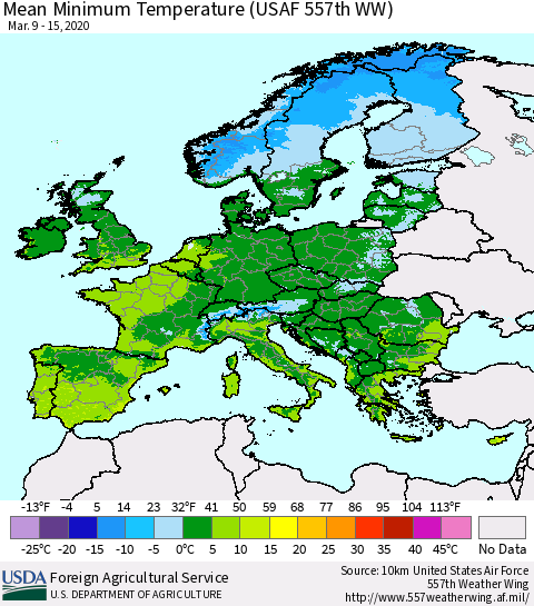 Europe Mean Minimum Temperature (USAF 557th WW) Thematic Map For 3/9/2020 - 3/15/2020