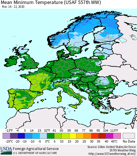Europe Mean Minimum Temperature (USAF 557th WW) Thematic Map For 3/16/2020 - 3/22/2020
