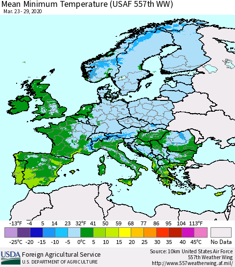 Europe Mean Minimum Temperature (USAF 557th WW) Thematic Map For 3/23/2020 - 3/29/2020