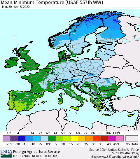 Europe Mean Minimum Temperature (USAF 557th WW) Thematic Map For 3/30/2020 - 4/5/2020