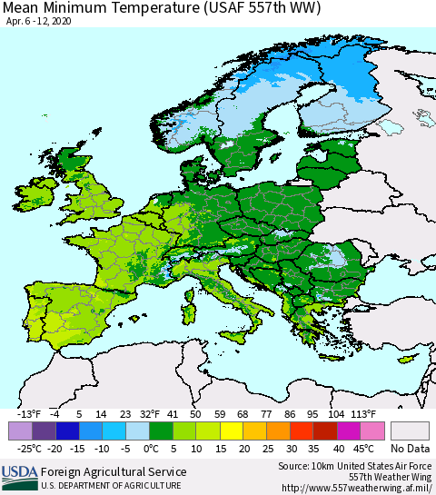 Europe Mean Minimum Temperature (USAF 557th WW) Thematic Map For 4/6/2020 - 4/12/2020
