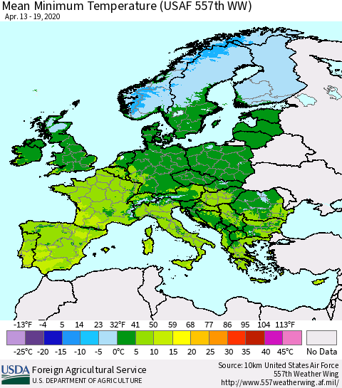 Europe Mean Minimum Temperature (USAF 557th WW) Thematic Map For 4/13/2020 - 4/19/2020