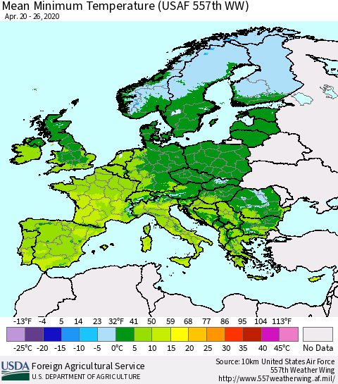 Europe Mean Minimum Temperature (USAF 557th WW) Thematic Map For 4/20/2020 - 4/26/2020
