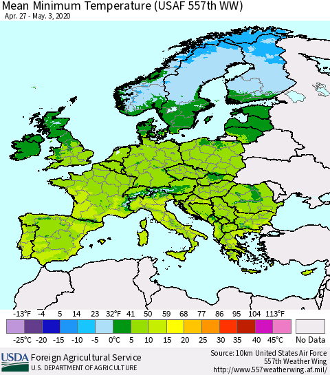 Europe Mean Minimum Temperature (USAF 557th WW) Thematic Map For 4/27/2020 - 5/3/2020