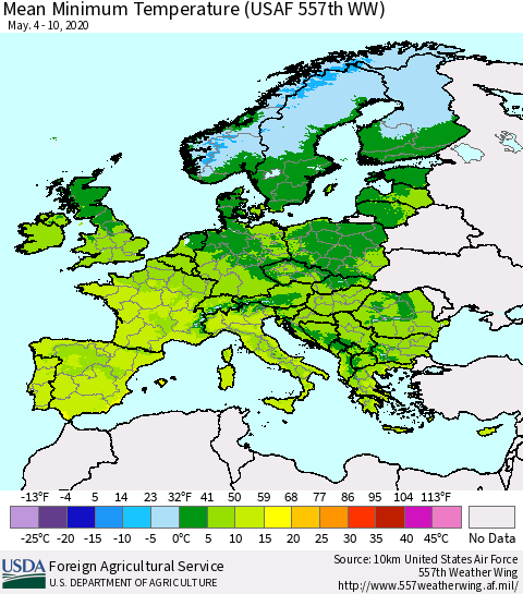 Europe Mean Minimum Temperature (USAF 557th WW) Thematic Map For 5/4/2020 - 5/10/2020