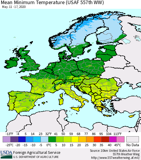 Europe Mean Minimum Temperature (USAF 557th WW) Thematic Map For 5/11/2020 - 5/17/2020