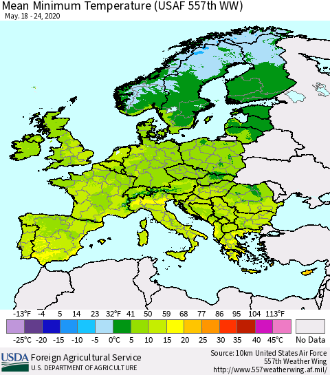 Europe Mean Minimum Temperature (USAF 557th WW) Thematic Map For 5/18/2020 - 5/24/2020