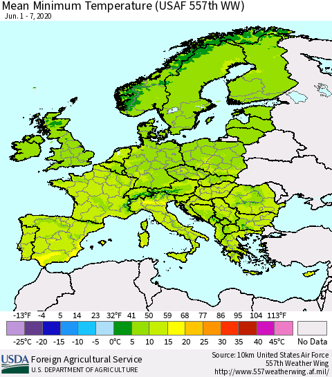 Europe Mean Minimum Temperature (USAF 557th WW) Thematic Map For 6/1/2020 - 6/7/2020