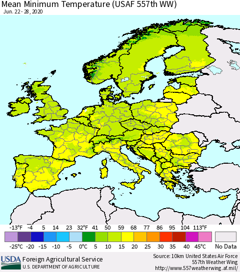 Europe Mean Minimum Temperature (USAF 557th WW) Thematic Map For 6/22/2020 - 6/28/2020