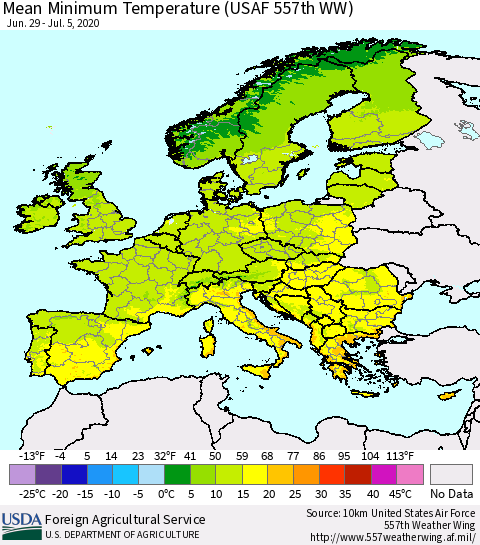 Europe Mean Minimum Temperature (USAF 557th WW) Thematic Map For 6/29/2020 - 7/5/2020