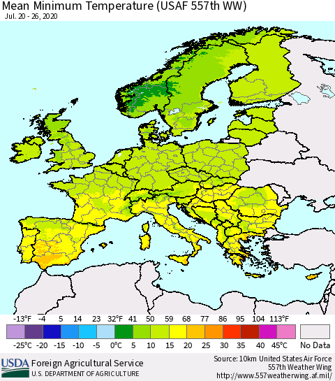 Europe Mean Minimum Temperature (USAF 557th WW) Thematic Map For 7/20/2020 - 7/26/2020