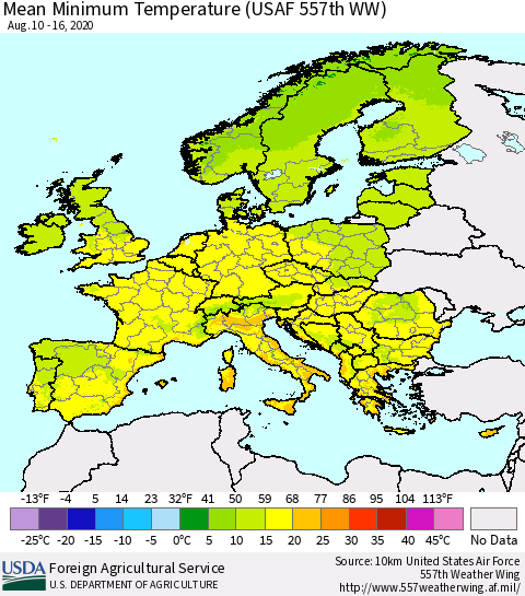 Europe Mean Minimum Temperature (USAF 557th WW) Thematic Map For 8/10/2020 - 8/16/2020