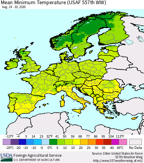Europe Mean Minimum Temperature (USAF 557th WW) Thematic Map For 8/24/2020 - 8/30/2020