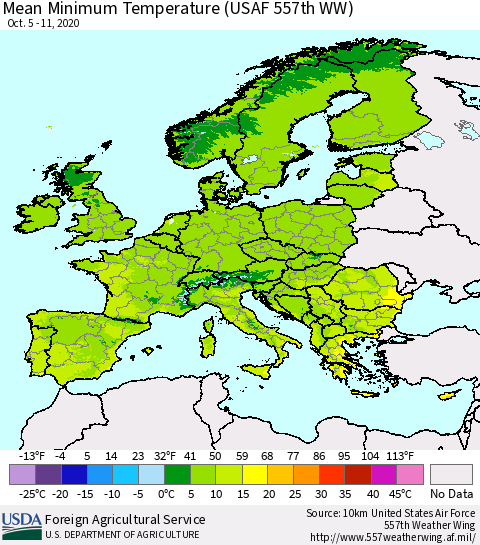 Europe Mean Minimum Temperature (USAF 557th WW) Thematic Map For 10/5/2020 - 10/11/2020