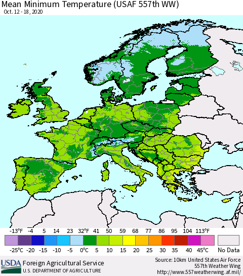 Europe Mean Minimum Temperature (USAF 557th WW) Thematic Map For 10/12/2020 - 10/18/2020