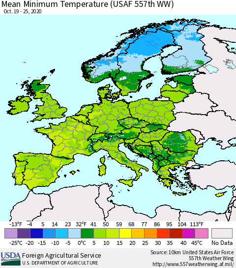 Europe Mean Minimum Temperature (USAF 557th WW) Thematic Map For 10/19/2020 - 10/25/2020