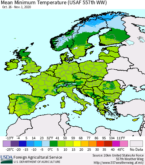 Europe Mean Minimum Temperature (USAF 557th WW) Thematic Map For 10/26/2020 - 11/1/2020