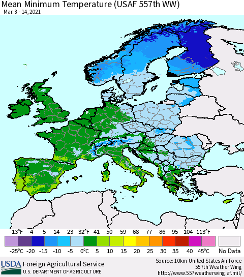 Europe Mean Minimum Temperature (USAF 557th WW) Thematic Map For 3/8/2021 - 3/14/2021