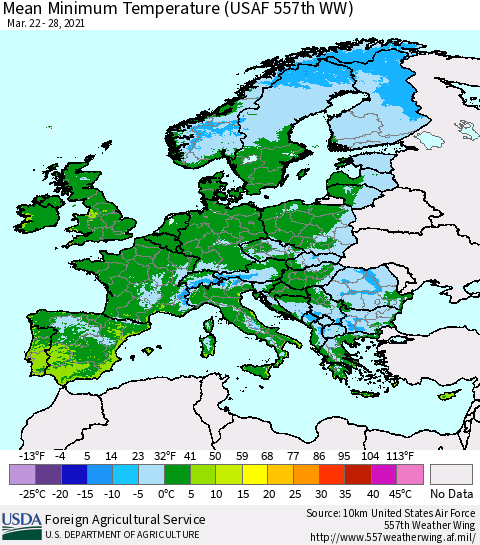 Europe Mean Minimum Temperature (USAF 557th WW) Thematic Map For 3/22/2021 - 3/28/2021