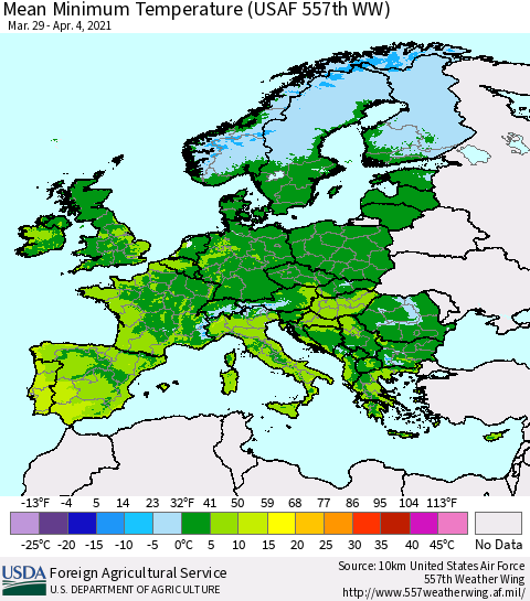 Europe Mean Minimum Temperature (USAF 557th WW) Thematic Map For 3/29/2021 - 4/4/2021