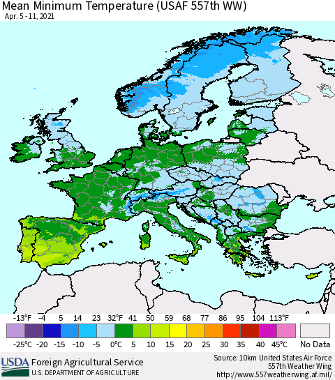 Europe Mean Minimum Temperature (USAF 557th WW) Thematic Map For 4/5/2021 - 4/11/2021