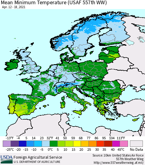 Europe Mean Minimum Temperature (USAF 557th WW) Thematic Map For 4/12/2021 - 4/18/2021
