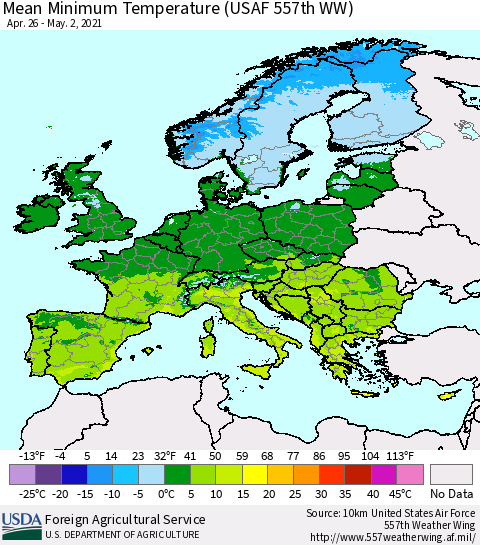Europe Mean Minimum Temperature (USAF 557th WW) Thematic Map For 4/26/2021 - 5/2/2021