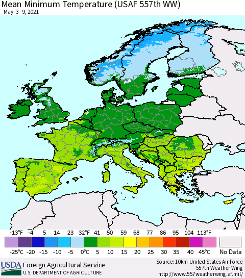 Europe Mean Minimum Temperature (USAF 557th WW) Thematic Map For 5/3/2021 - 5/9/2021