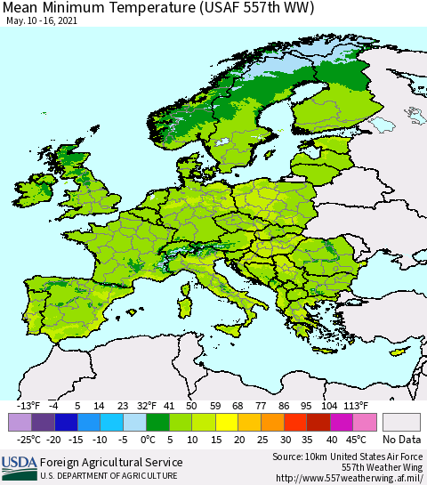 Europe Mean Minimum Temperature (USAF 557th WW) Thematic Map For 5/10/2021 - 5/16/2021