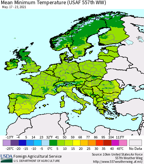 Europe Mean Minimum Temperature (USAF 557th WW) Thematic Map For 5/17/2021 - 5/23/2021
